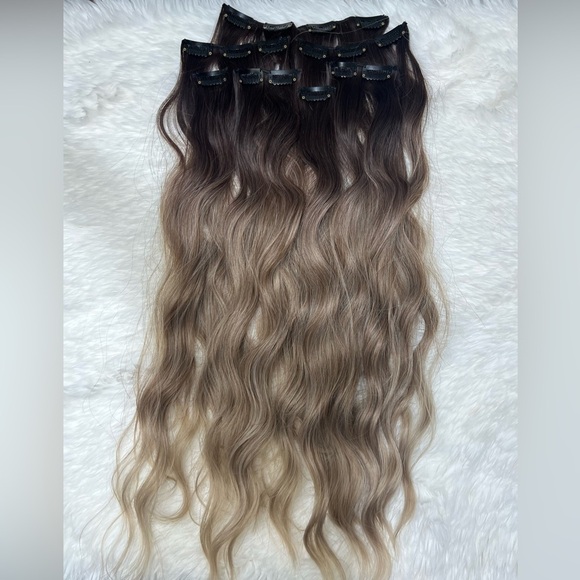 24 In Ombre Hair Style Clip in Hair Extensions dark Roots  Blonde - Human blend - Picture 5 of 12
